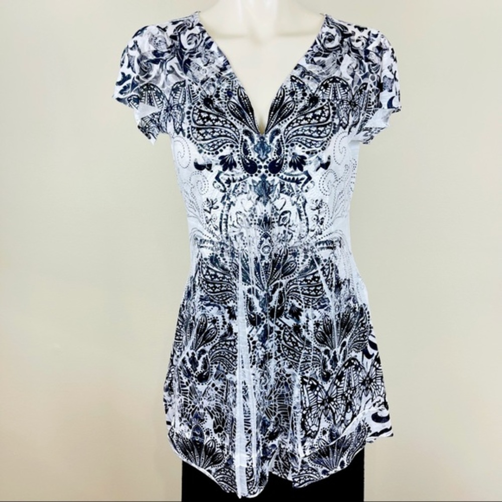 MODERN Striking APT 9 chic FLORAL patterned V NECK silky sheen LONGER IN LENTGH - Picture 1 of 12